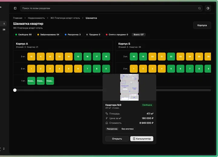 Шахматка квартир Planum со статусами свободных, забронированных и проданных объектов